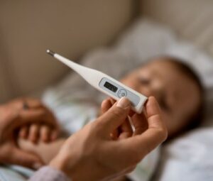 Krankes Baby schläft ruhig im Bett
